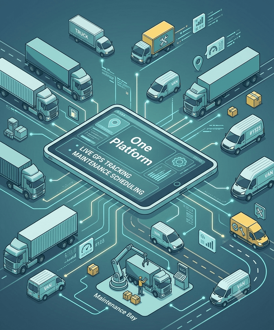 Sleet fleet management platform showing live GPS tracking and maintenance scheduling for trucks and delivery vans